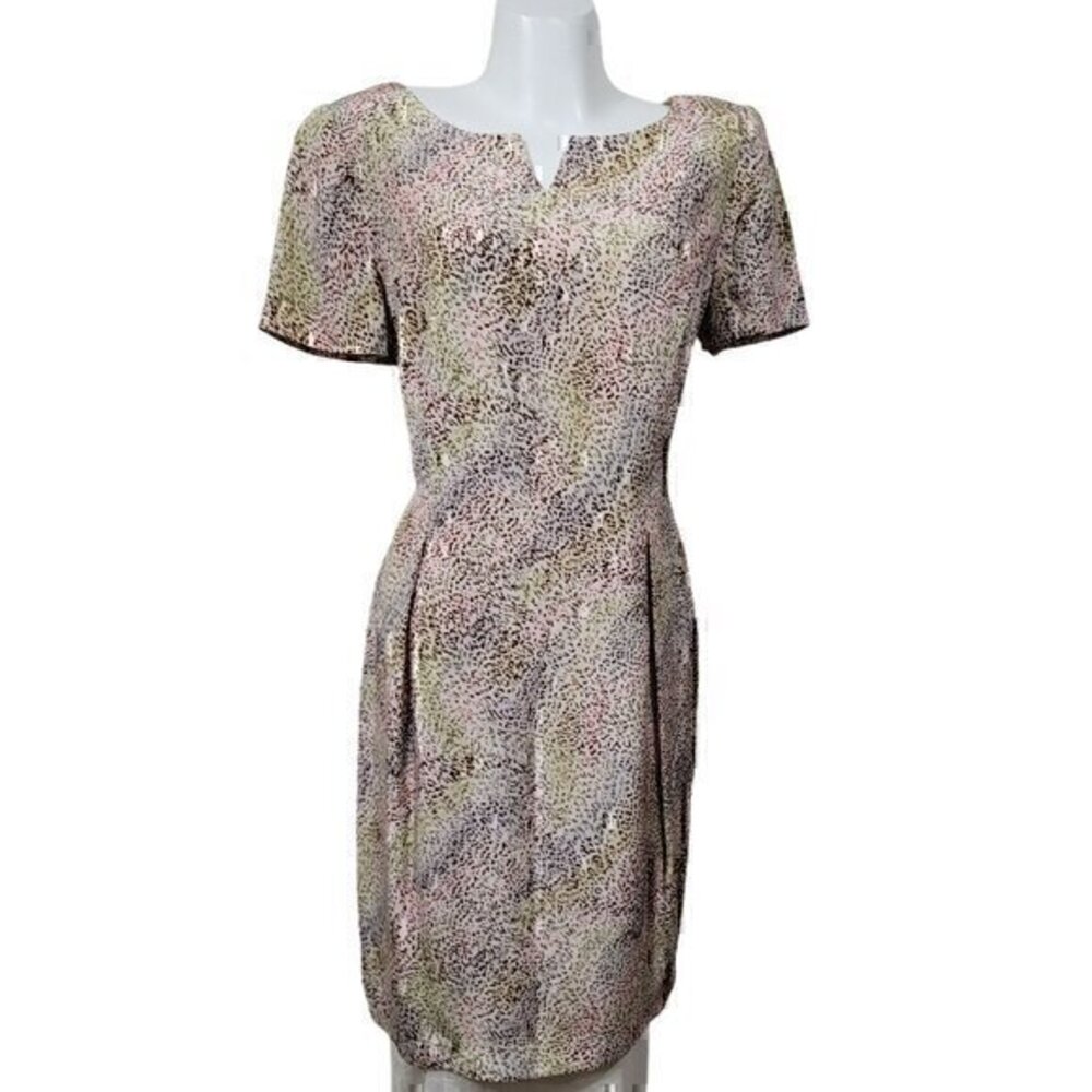 Maggy London 100% Silk Neutral Rainbow Animal Print Dress 14 Short Sleeve
